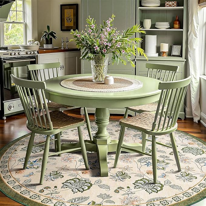 jinchan 8ft Floral Round Rug for Dining Room Washable Living Room Rug Vintage Romance Design Non Slip Indoor Floor Cover Lightweight Low-Profile Throw Carpet for Bedroom Porch Patio, Green/Beige
