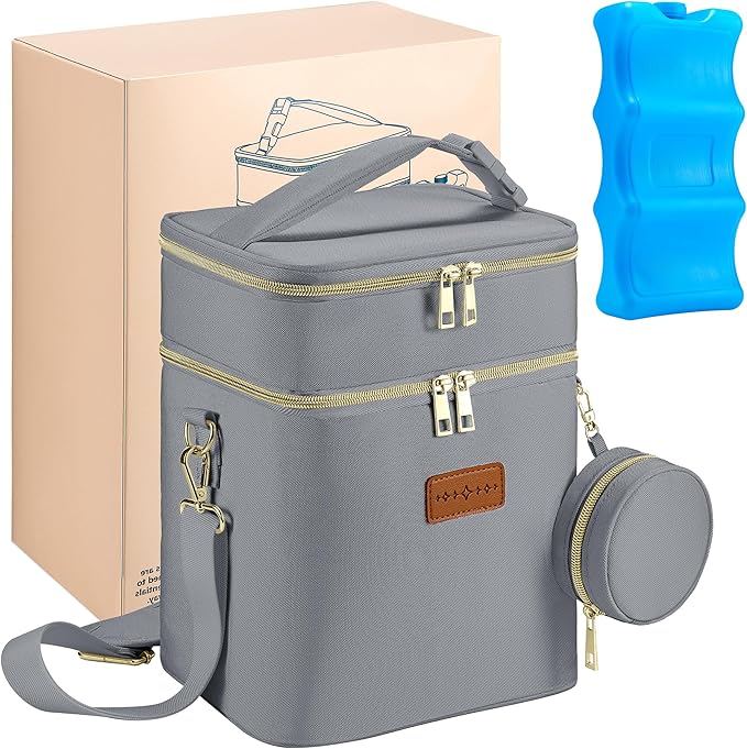 Breastmilk Cooler Bag with Ice Pack & Pacifier Case, Large Double Layer Insulated Baby Bottle Cooler Fits 6 Bottles, Breast Pump Storage Bag for Working Nursing Moms, with Gift Box
