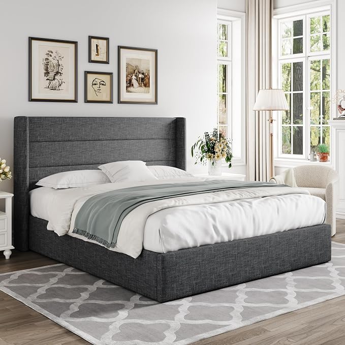 Allewie Full Size Lift Up Storage Bed, Modern Wingback Headboard, Hydraulic - Image 7