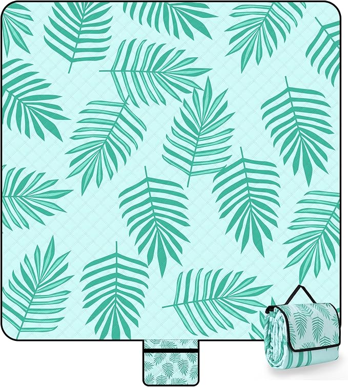 Picnic Blankets Waterproof Sandproof, 79''x79'' Extra Large Foldable & Portable Beach Blanket, 3-Layer Fabric Outdoor Mat for Family Camping, Park, Travel, Grass Lawn, Adults & Kids-Tropical Fern