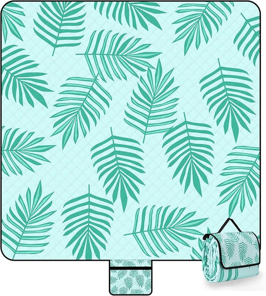 Picnic Blankets Waterproof Sandproof, 79''x79'' Extra Large Foldable & Portable Beach Blanket, 3-Layer Fabric Outdoor Mat for Family Camping, Park, Travel, Grass Lawn, Adults & Kids-Tropical Fern