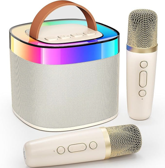 YLL Karaoke Machine for Adults Kids, Portable Bluetooth Karokee Speaker with 2 Wireless Microphones,Singing Karaoke Machine Built-in LED Lights for Birthday Gifts, Family Home Party(Beige)