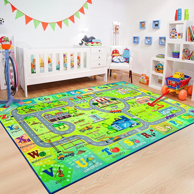 Chicrug 4x6 Car Road Area Rug for Kids Playroom Bedroom, Non Slip Low Pile Washable ABC Alphabet Carpet for Classroom, City Track Play Mat for Toddler Children Nursery Baby Room Decor, Green