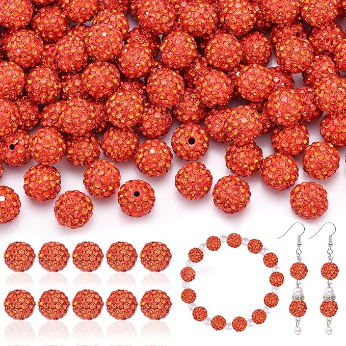 105pcs 10mm Rhinestone Beads for Jewelry Making, Orange Shiny Round Disco Ball Beads Bulk, Sparkle Crystal Clay Christmas for Bracelet Baseball Necklace Earring Crafting and DIY