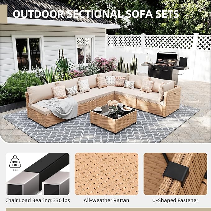 UPHA 7 Pieces Patio Furniture Sets, Wicker Outdoor Sectional Sofa Couch - Image 3