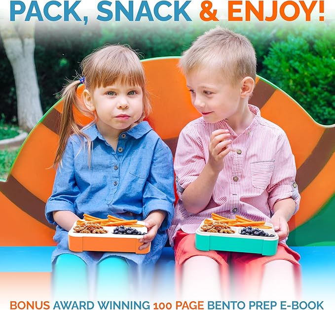 MINI Lunch-Box Snack Containers for Kids | SMALL Bento-Box Portion Container | Leak-proof Boxes for School Work Travel | Best for Adults Boys or Girls | Blue + Orange Set of 2