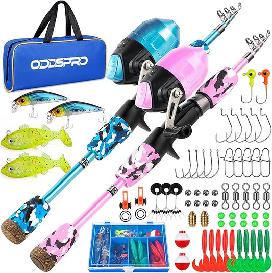 ODDSPRO Kids Fishing Pole Pink, Portable Telescopic Fishing Rod and Reel Combo Kit - with Spincast Fishing Reel Tackle Box for Girls, Youth