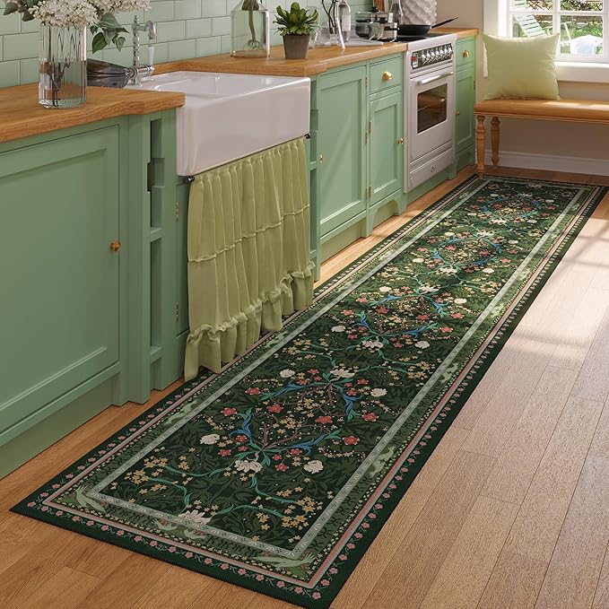 Runners for Kitchen Runner Rug Non Slip 2'x10' Long Washable Rugs with Rubber Backing Soft Vintage Floral Botanical Carpet Runner for Kitchen, Laundry, Bedroom, Bathroom, Green