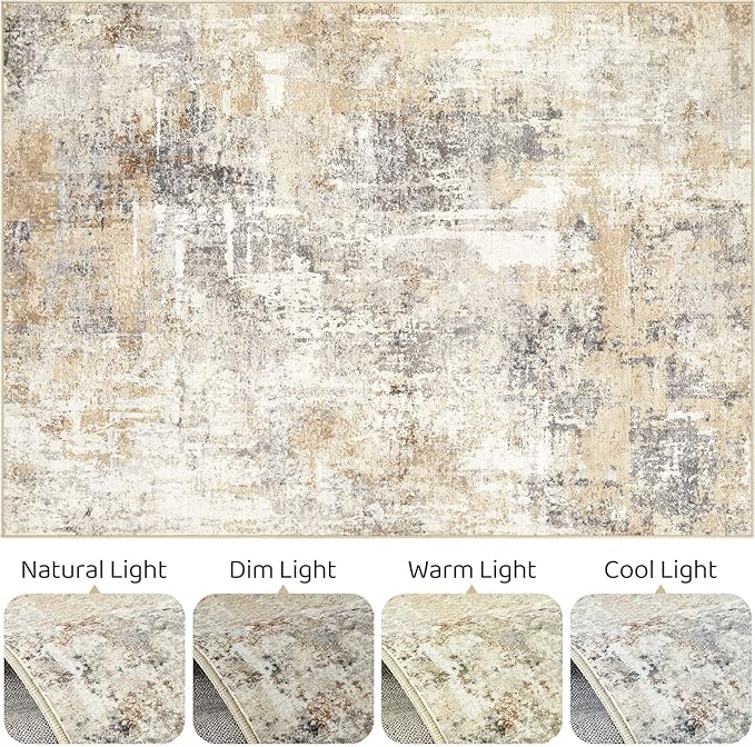 4x6 Rug Washable Area Rugs: Abstract Modern Soft Stain Resistant Indoor Floor Accent Non Slip Carpet for Living Room Entryway Kitchen Bedroom Nursery Office Bedside Home House Decor- Gray Gold