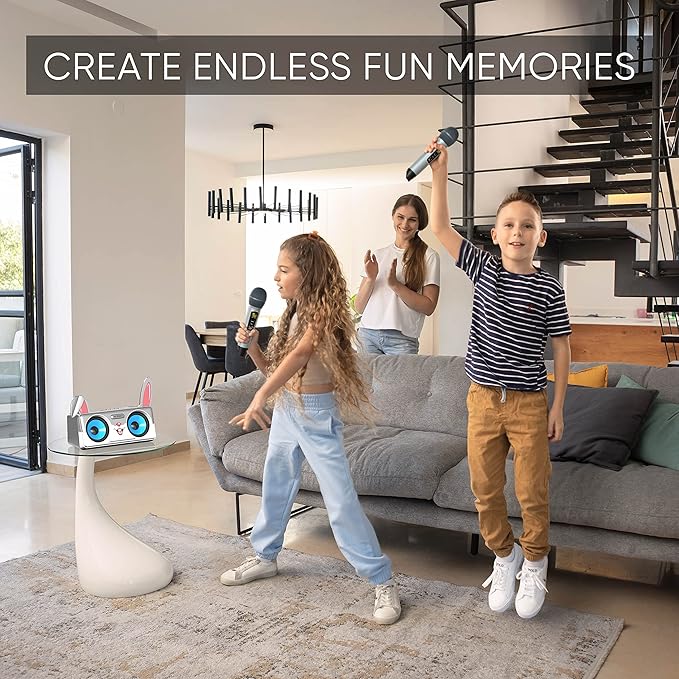 Rabbit Karaoke Machine for Kids, Children and Toddlers with 2 Wireless Bluetooth Microphones, Portable PA Speaker System Includes Lyrics Display Phone Holder, TV Cable and Singer Vocal Removal Mode