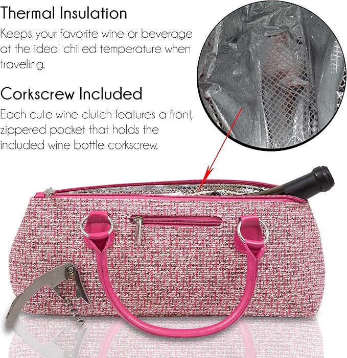 Wine Clutch Bag (Thermal Insulated) Trendy Women’s Carry Tote | Holds Red & White 750mL Bottles | Trendy Fashion | Incl. Portable Waiter-Style Corkscrew (Pink Tweed)