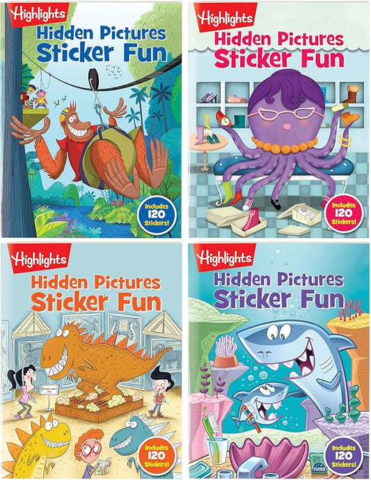 Highlights Hidden Pictures Sticker Fun for Kids Ages 3-6, 4-Pack, 64 Pages of Seek and Find Sticker Activities, Books Double as Coloring Books, 480+ Stickers, Volume 1