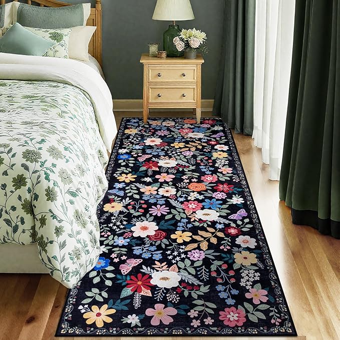 Runner Rug for Entryway: 2.6x8 Kitchen Rugs Non Slip Washable Ultra-Thin Soft Floral Carpet Indoor Floor Stain Resistant Carpets for Hallway Bedroom Kitchen Laundry Bathroom Dorm Black