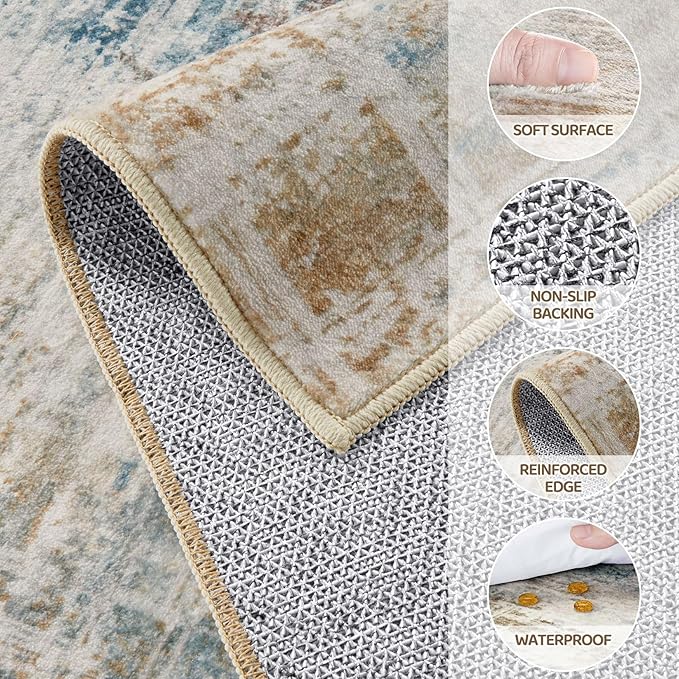 Area Rug for Living Room: 5x7 Washable Neutral Abstract Modern Soft Rugs Non Slip Indoor Floor Stain Resistant Carpet for Bedroom Dining Room Office Nursery - Blue Brown