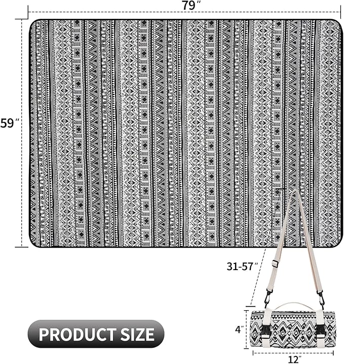 Picnic Blankets Outdoor Extra Large-Waterproof Picnic Blanket with Shoulder Carry Strap | Machine Washable Picnic Mat with Sandproof Backing for Park , Grass, Camping, Hiking, Concerts (Black)