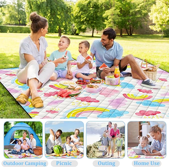 Extra Large Picnic Blanket Waterproof,80"x 80"Foldable Machine Washable Beach Blanket,Outdoor Blanket for 6-8 Adults,Picnic Mat Suitable for Indoor Crawling,Park Beach,Camping,Hiking,Travel (Rainbow)