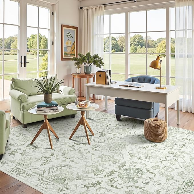 Sage Vintage Area Rug 5x7 for Living Room Bedroom, Washable Distressed Farmhouse Soft Thin Non-Shedding Indoor Throw Rug, Traditional Accent Carpet for Bedroom Office