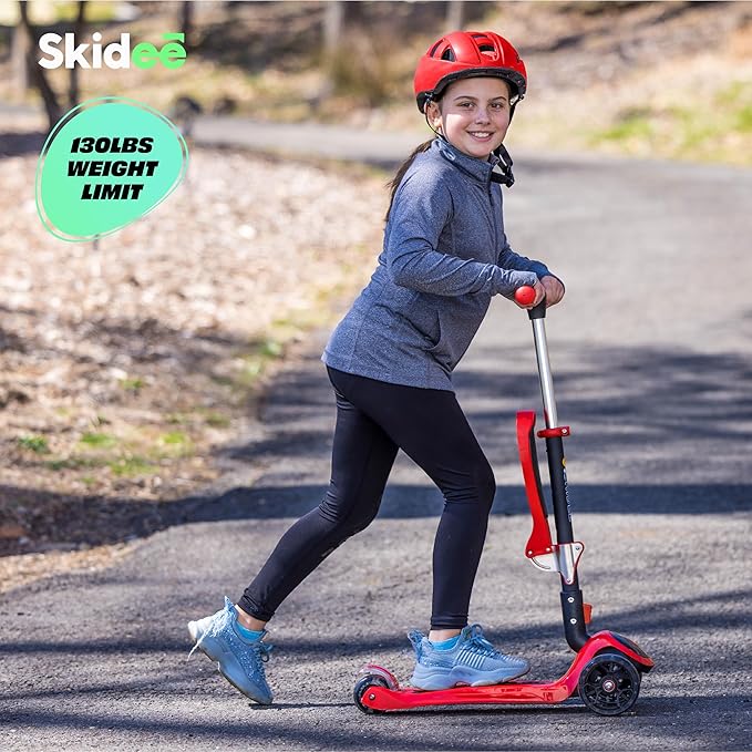SKIDEE Kick Scooters for Kids Ages 3-5, Adjustable Height Foldable Scooter with Removable Seat, 3 LED Light Wheels, Rear Brake, Wide Standing Board, Suitable Up to 12 Year Old Boys/Girls