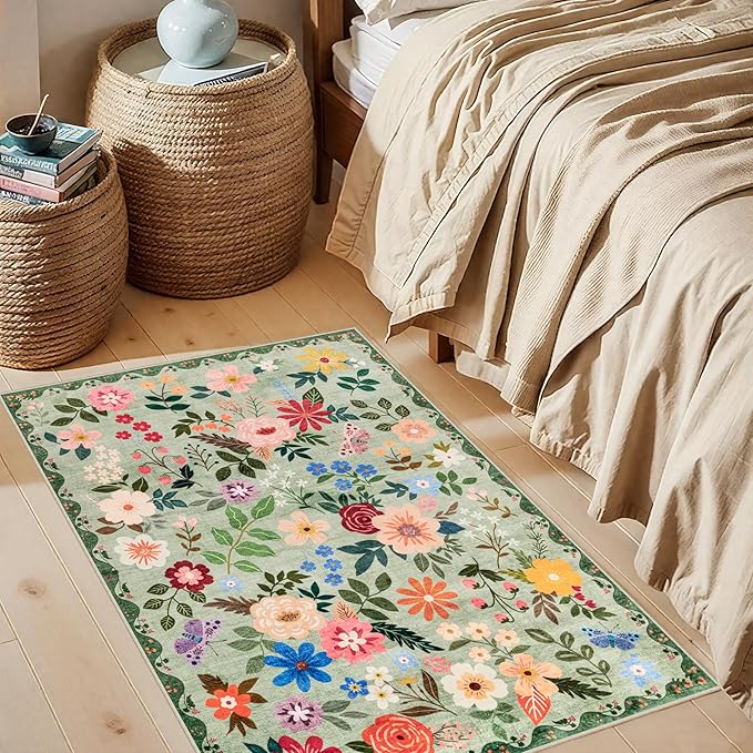 Entryway Rug 2X3 Small Rugs: Floral Washable Door Mat Vintage Soft Low Pile Non-Slip Kitchen Rugs Stain Resistant Indoor Throw Rug for Entrance, Bedroom, Kitchen, Laundry, Bathroom Green
