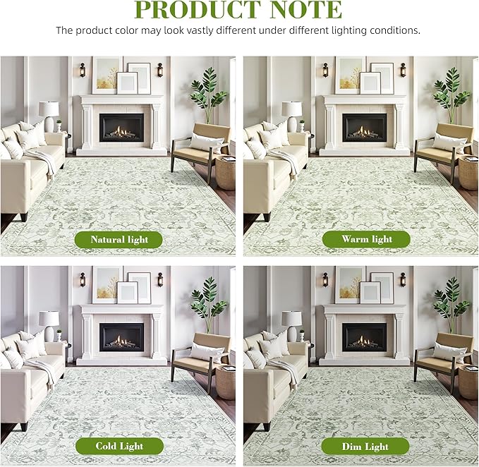 Sage Vintage Area Rug 5x7 for Living Room Bedroom, Washable Distressed Farmhouse Soft Thin Non-Shedding Indoor Throw Rug, Traditional Accent Carpet for Bedroom Office