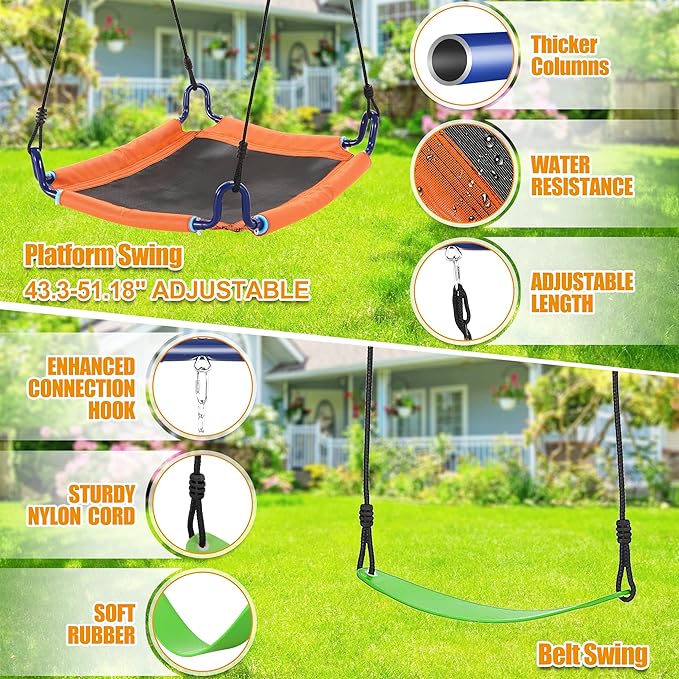 Swing Set for Backyard 550lbs - 6 in 1 Playground Sets for Backyards Safe Platform Swing for Kids Outdoor Heavy Duty Metal Frame with 3 Adjustable Swings Climbing Net Climbing Ladder Basketball Hoop