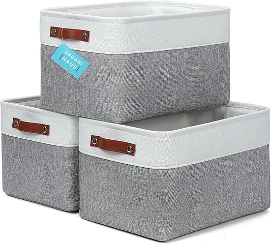 OrganiHaus Large Fabric Storage Baskets for Shelves 3 Pack, 15x11in Closet Storage Bins for Shelves, Cloth Baskets for Organizing, Linen Closet Organizers, Fabric Basket, Gray/White