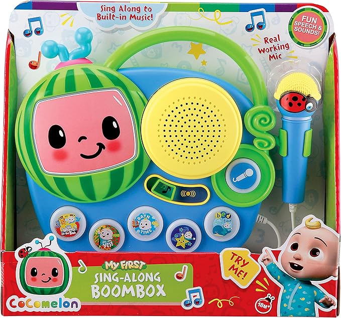 eKids Cocomelon Toy Singalong Boombox with Microphone and Built-in Music, Toddler Toys for Fans of Cocomelon Gifts