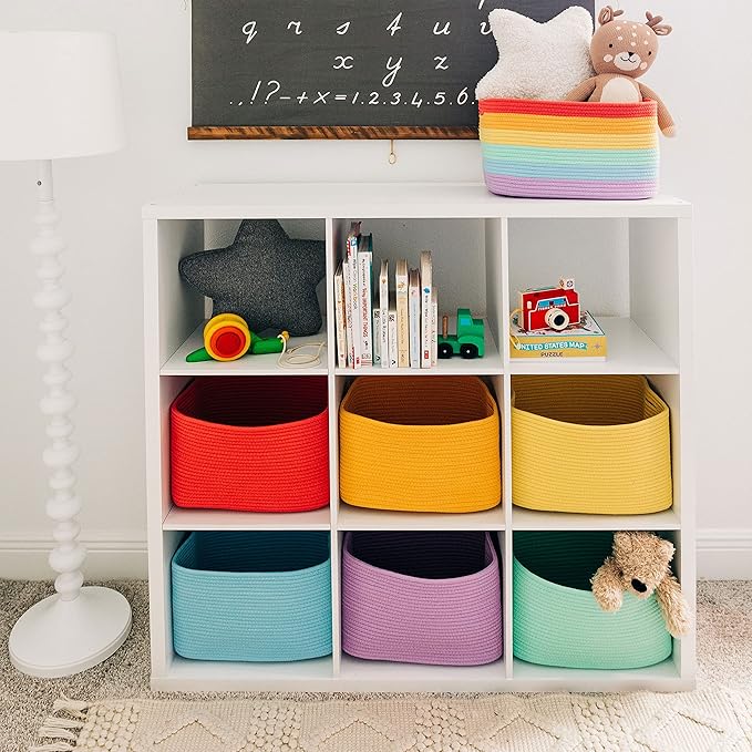 OrganiHaus Rope Rainbow Storage Baskets for Shelves, Rainbow Baskets for Classroom, Baby Basket for Nursery Storage, Rainbow Storage Bins & Toy Organizer, Colorful Baskets for Baby Room
