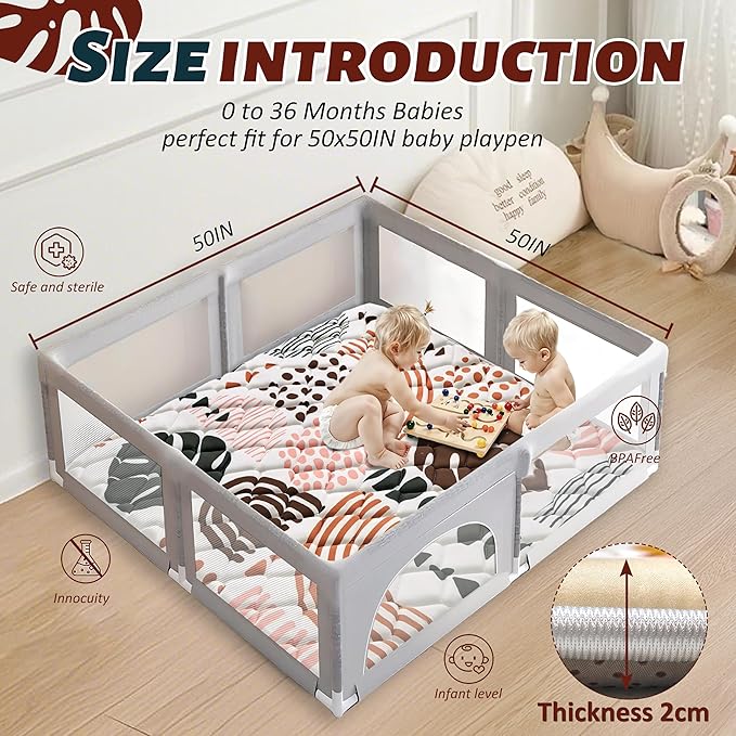 Baby Play Mats for Floor, 50x50 Playpen Mat for Babies, Extra Thicker & Soft Floor Crawling Mat, Foldable Non-Slip Playmat for Infants Toddlers, Boho Leaf Dark Brown