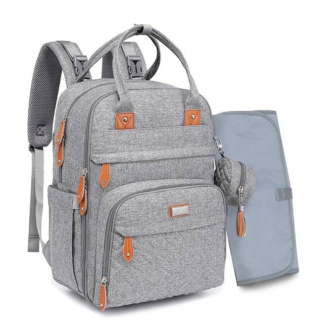 BabbleRoo Diaper Bag Backpack - Baby Essentials Travel Tote - Multi Function Waterproof Diaper Bag, Travel Essentials Baby Bag with Changing Pad, Stroller Straps & Pacifier Case - Unisex, Light Gray