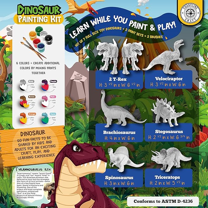 STEM.org Dinosaur Painting Kit for Kids with Dino Trivia-Dinosaur Crafts for Kids Ages 3-5 + w/ 2 T-Rex Set - Screen Free, Educational Gifts for Boys