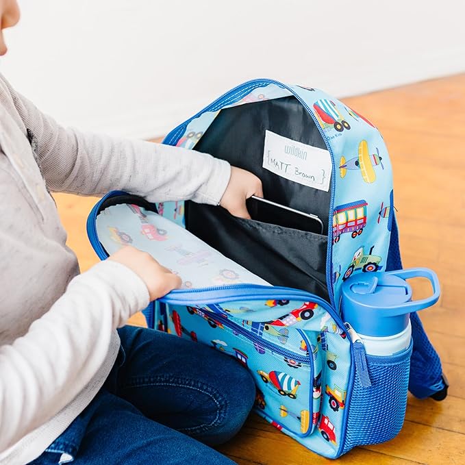 Wildkin ECO rPET Kids Backpack – Recycled, Padded, Adjustable for School & Travel – Trains, Planes & Trucks