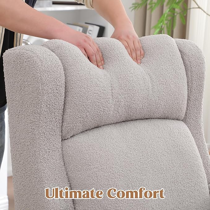 Rocking Chair Nursery, Nursing Rocking Chairs for Mom Nursery, Comfy Wingback Glider Rocking Armchair with Side Pocket for Nursery Living Room Bedroom, Teddy Light Grey