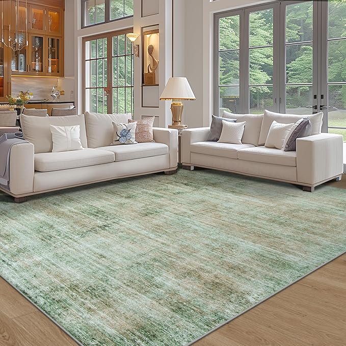 Area Rug 9x12 Washable Rugs: Abstract Large Living Room Rugs with Non-Slip Backing, Thin Carpet for Dining Room Table Bedroom Nursery Indoor Home Office-Light Green/Brown