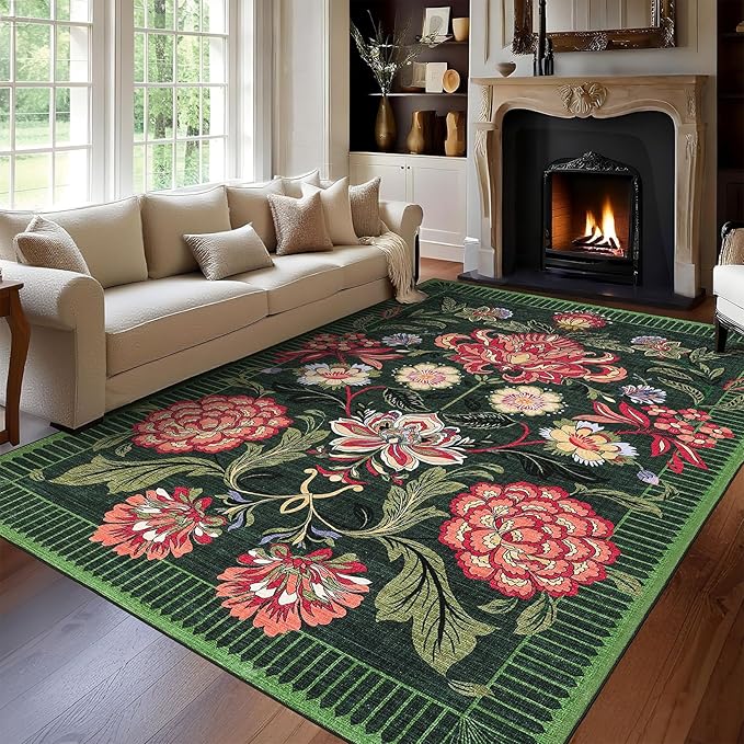 GarveeHome Forest Green Floral Botanical Washable 9x12 Rug for Living Room Soft Vintage Boho Cottage Large Rugs Low-Pile Carpet for Bedroom Dining Nursery Rug