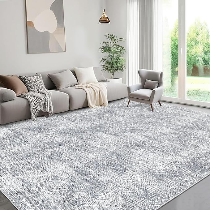 COZYLOOM 5x7 Rug Living Room Modern Washable Distressed Accent Carpet with Non-Slip Backing, Ultra-Soft Contemporary Geometric Floor Mat for Kitchen, Bedroom, Grey