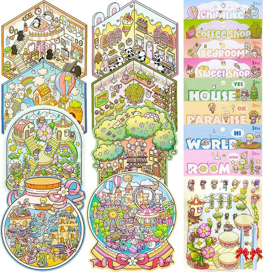 DIY 3D Sticker Scene，8 Sets Pack（500+）, Reusable Sticker Book, Cute Sets for Free Combination, Cute Waterproof for Anywhere, Crafts Party Favors Birthday Gift