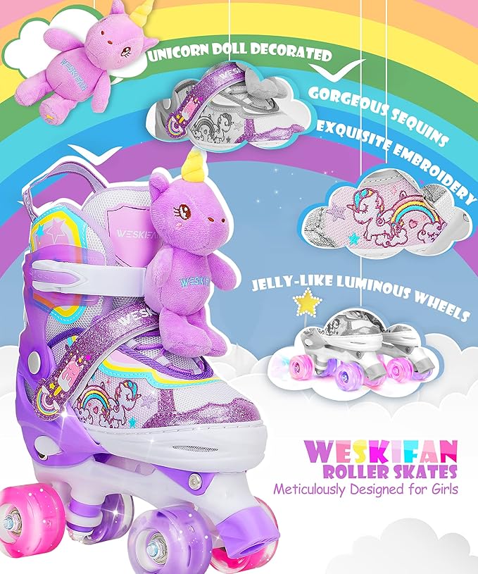 Unicorn Doll Kids Toddler Roller Skates for Girls,WESKIFAN Quad Skating Shoes with Shiny Light up Wheels&Adjustable Sizes Beginners rollerskates for Birthday Xmas Gifts,Patines para Niñas Niños