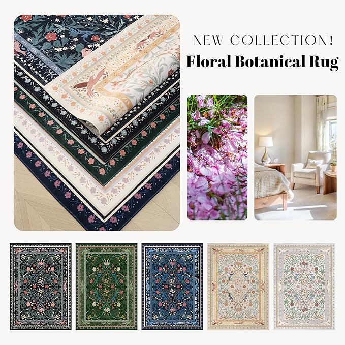 Area Rug 4x6 Rug Washable Vintage Floral Botanical Rugs Non Slip Low Pile Small Carpet for Bedroom, Bedside, Kids Room, Office, Dining Room, Black