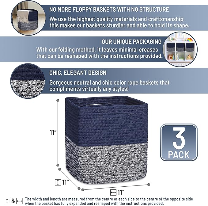 NaturalCozy Storage Cubes 11 Inch Cotton Rope Woven Baskets for Organizing, 3-Pack | Cube Storage Bin | Square Storage Baskets for Shelves Organizer, Classroom, Kids Toy Bins, Closet, Baby Nursery