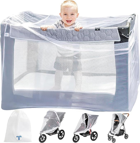 Pack n Play Cover with Zippers – Adaptable Premium Quality Mosquito Net for Stroller, Jogging Stroller, Playpen, Bassinet, Travel Crib – Portable Mosquito Net for Baby, Drawstring Base for Snug Fit