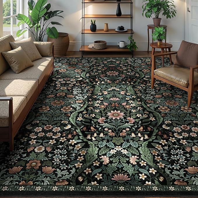 9x12 Black Vintage Floral Area Rug,Washable Large Boho Living Room Rugs,Botanical Print Non-Slip Stain Resistant Lightweight Carpet for Bedroom Dining Room Nursery