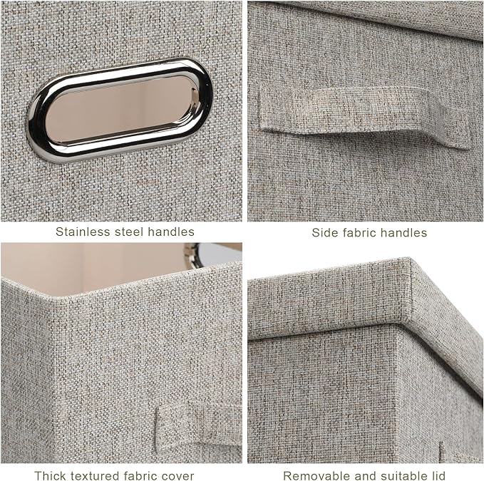 Medium 15" 21 Quart Collapsible Stackable Storage Bins with Lids, 1 Pack Beige Foldable Fabric Closet Storage Boxes with Lids, Heavy-duty Linen Baskets for Bedroom