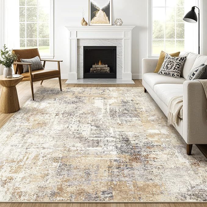 Large Area Rugs 12x15: Washable Abstract Modern Soft Rug Stain Resistant Indoor Floor Non Slip Accent Carpet for Living Room Bedroom Nursery Playroom Dining Room Office Dorm Home House- Grey Gold