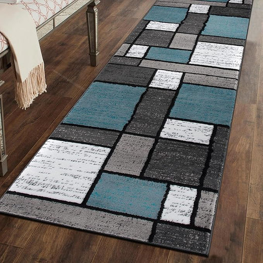 Rugshop Contemporary Modern Boxes for Home Office,Living Room,Bedroom,Kitchen Non Shedding Runner Rug 2'7" x 6' Blue
