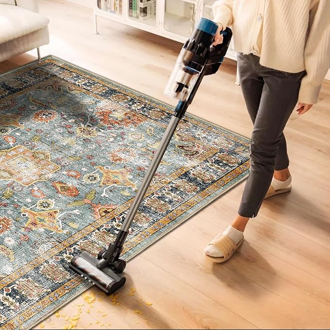 Area Rug 10'x14' Washable Vintage Traditional Mat Distressed Indoor Foldable Thin Retro Accent Floral Print Non Slip Carpet for Living Room Dining Room Office