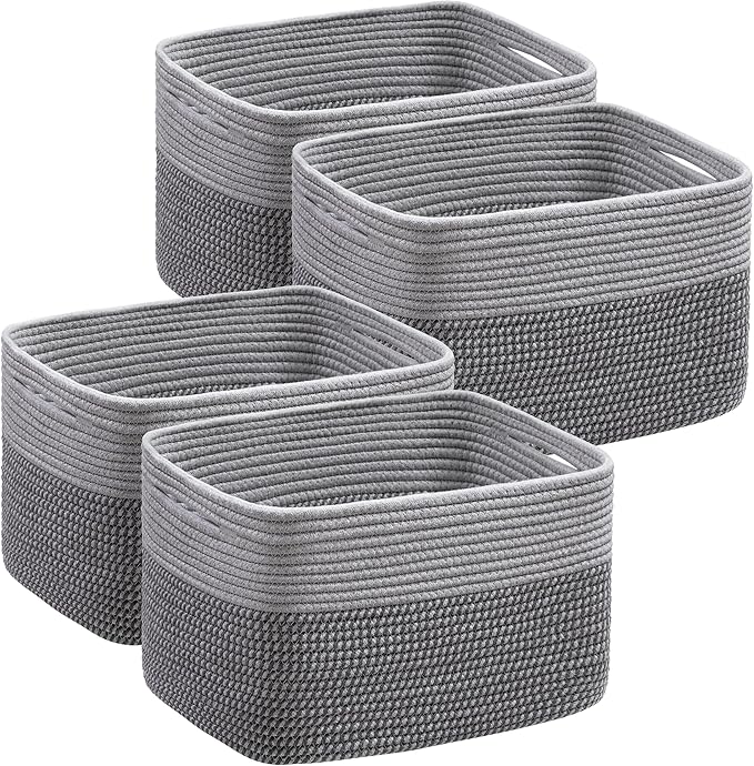 UBBCARE 4 Pack Baskets for Organizing, Woven Storage Baskets for Toys and Towel, Rectangle Cotton Rope Basket with Handles, 15''L x10''W x9''H, Mixed Grey
