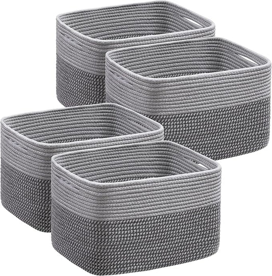 UBBCARE 4 Pack Baskets for Organizing, Woven Storage Baskets for Toys and Towel, Rectangle Cotton Rope Basket with Handles, 15''L x10''W x9''H, Mixed Grey