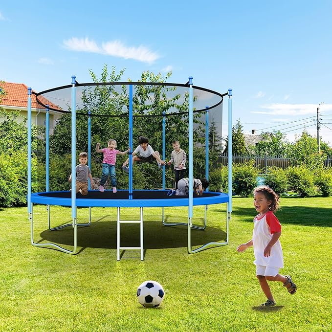 Trampoline with Enclosure - 12FT & 14FT Recreational Trampolines, Ladder, AntiRust Coating, ASTM Approved
