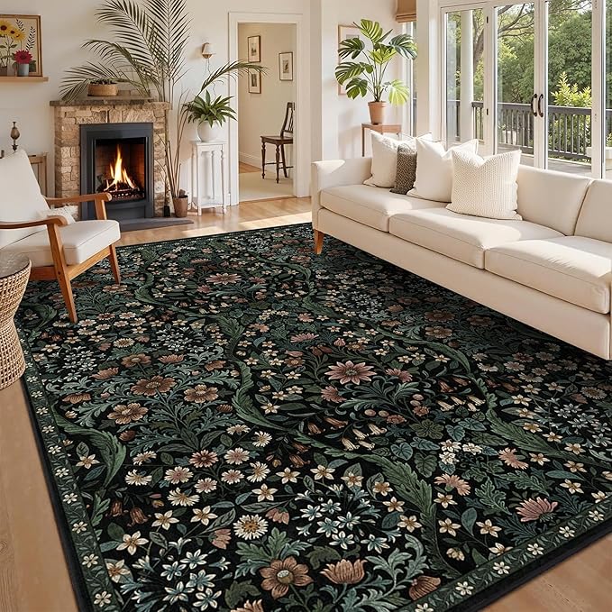 8x10 Washable Area Rug for Living Room, Large Vintage Black Floral Rugs, Soft Non-Slip Stain Resistant Boho Lightweight Carpet for Bedroom Dining Room Nursery Home Office